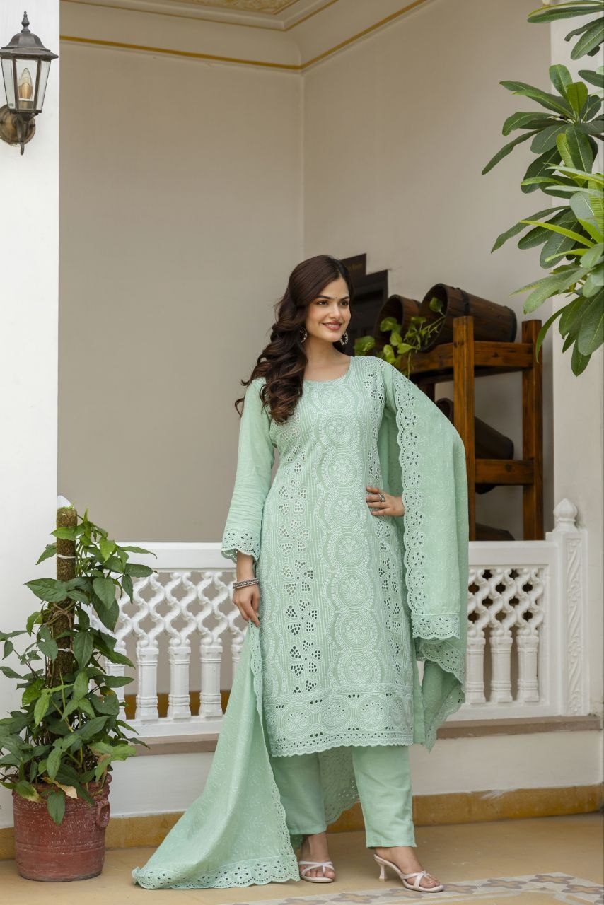 Mint Green Cambric Cotton Boring Chikan Kari Work Kurti Set