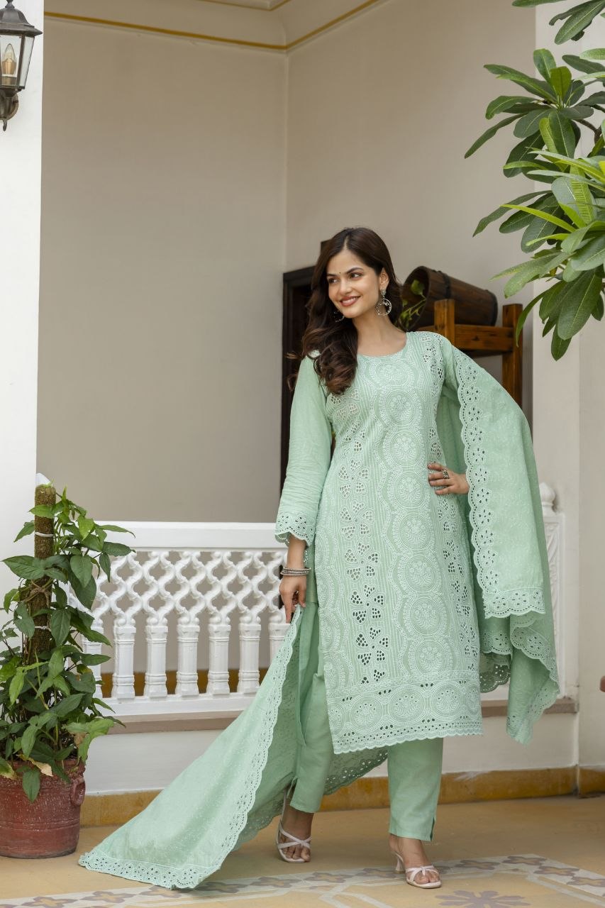 Mint Green Cambric Cotton Boring Chikan Kari Work Kurti Set