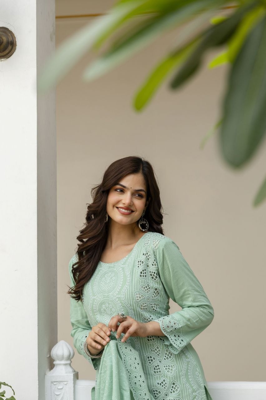 Mint Green Cambric Cotton Boring Chikan Kari Work Kurti Set