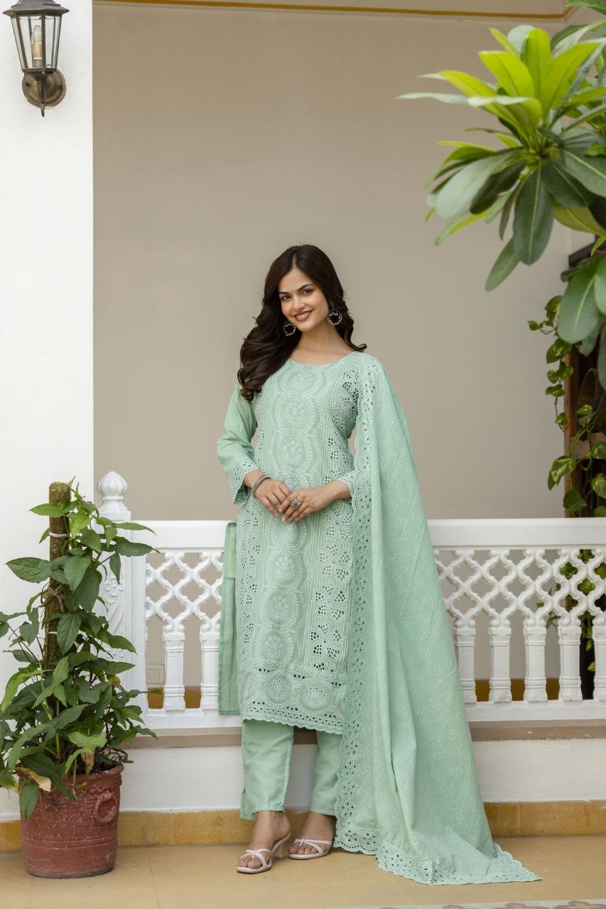 Mint Green Cambric Cotton Boring Chikan Kari Work Kurti Set
