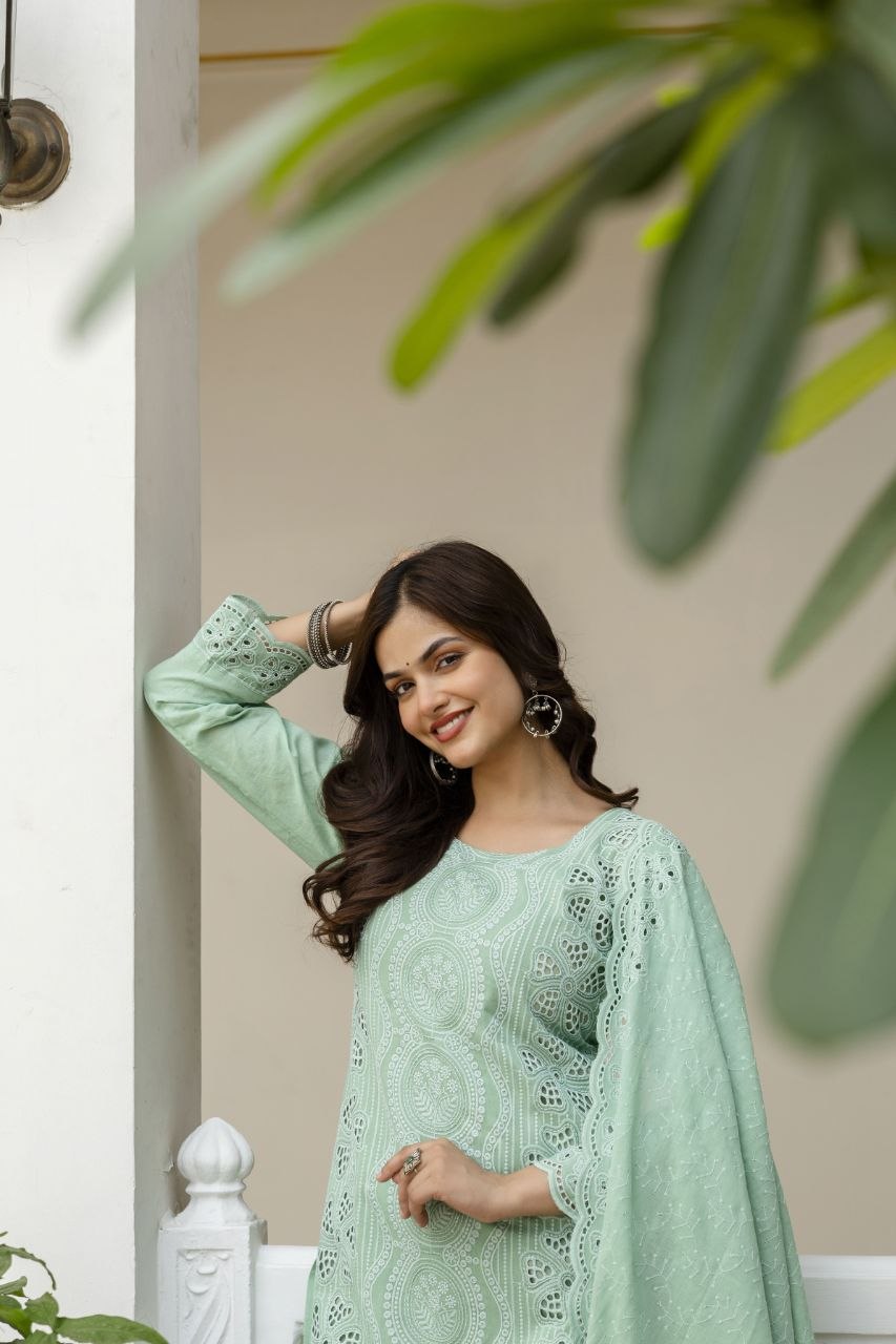 Mint Green Cambric Cotton Boring Chikan Kari Work Kurti Set