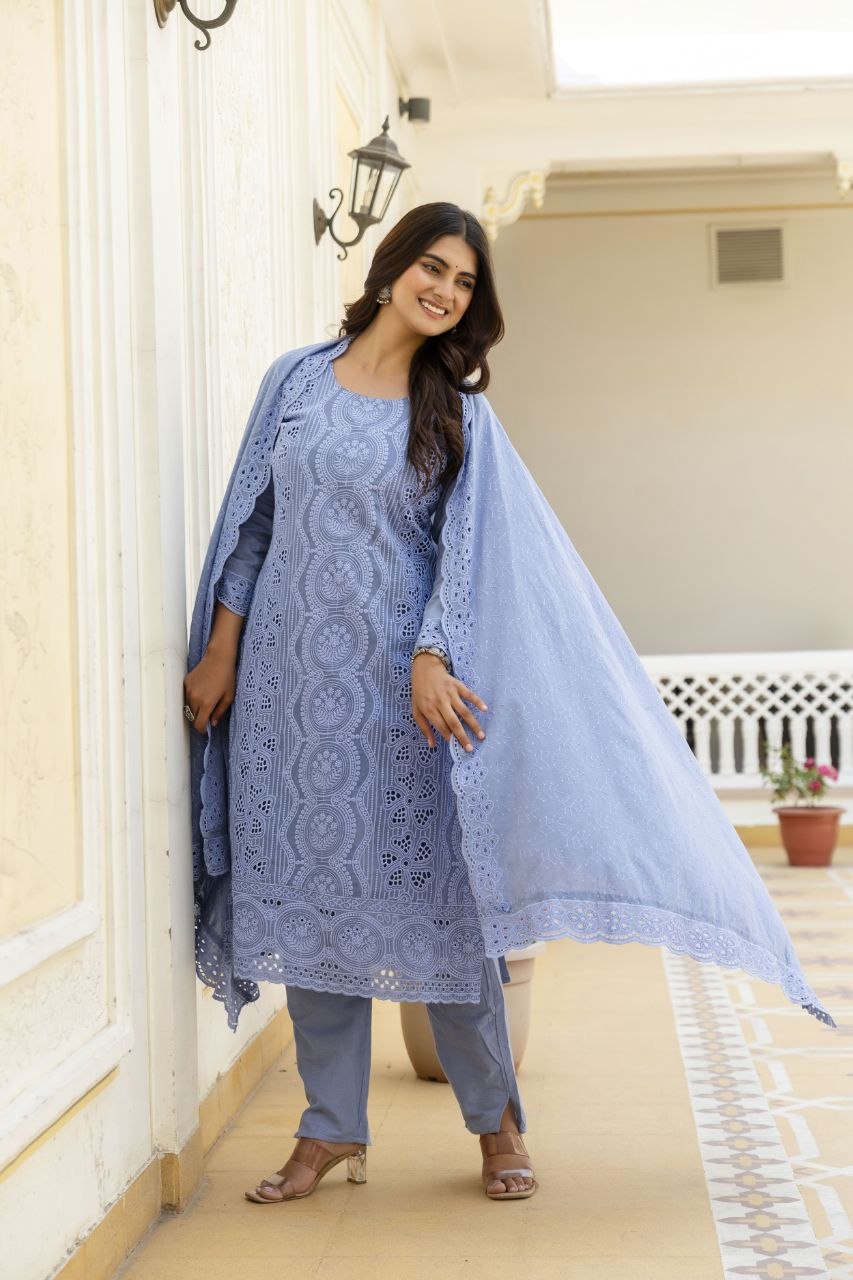 Sky Blue Cambric Cotton Boring Chikan Kari Work Kurti Set