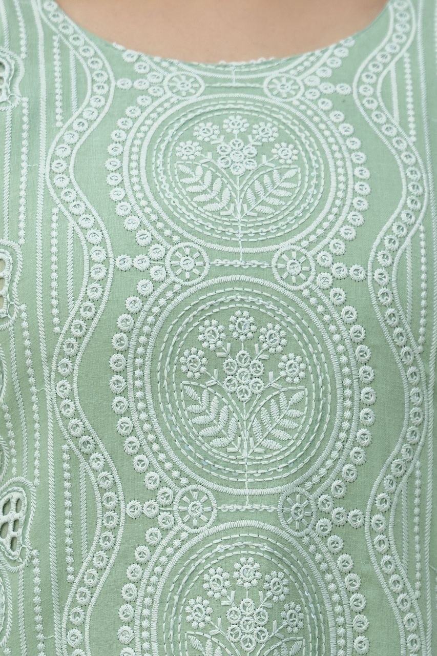 Mint Green Cambric Cotton Boring Chikan Kari Work Kurti Set