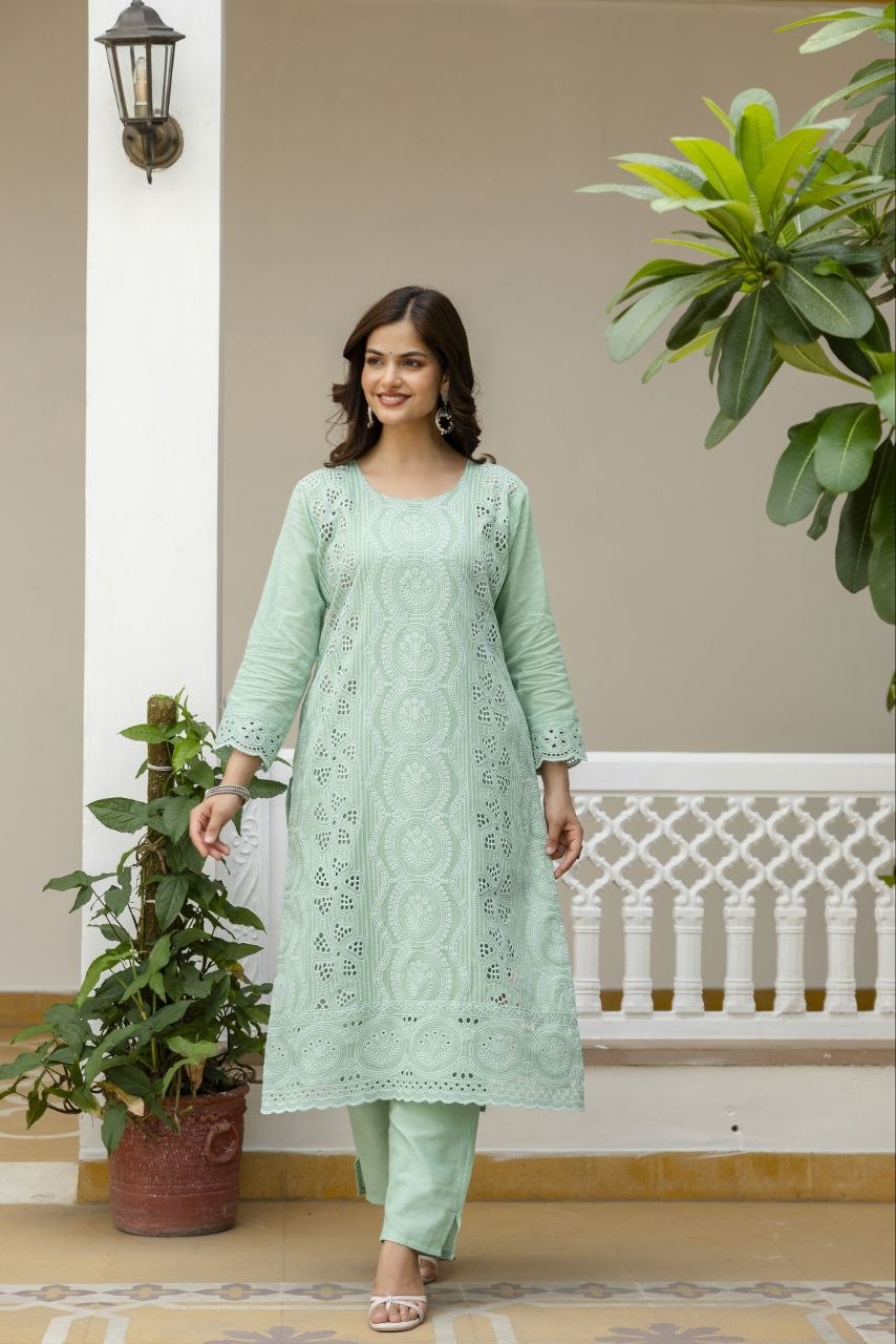 Mint Green Cambric Cotton Boring Chikan Kari Work Kurti Set