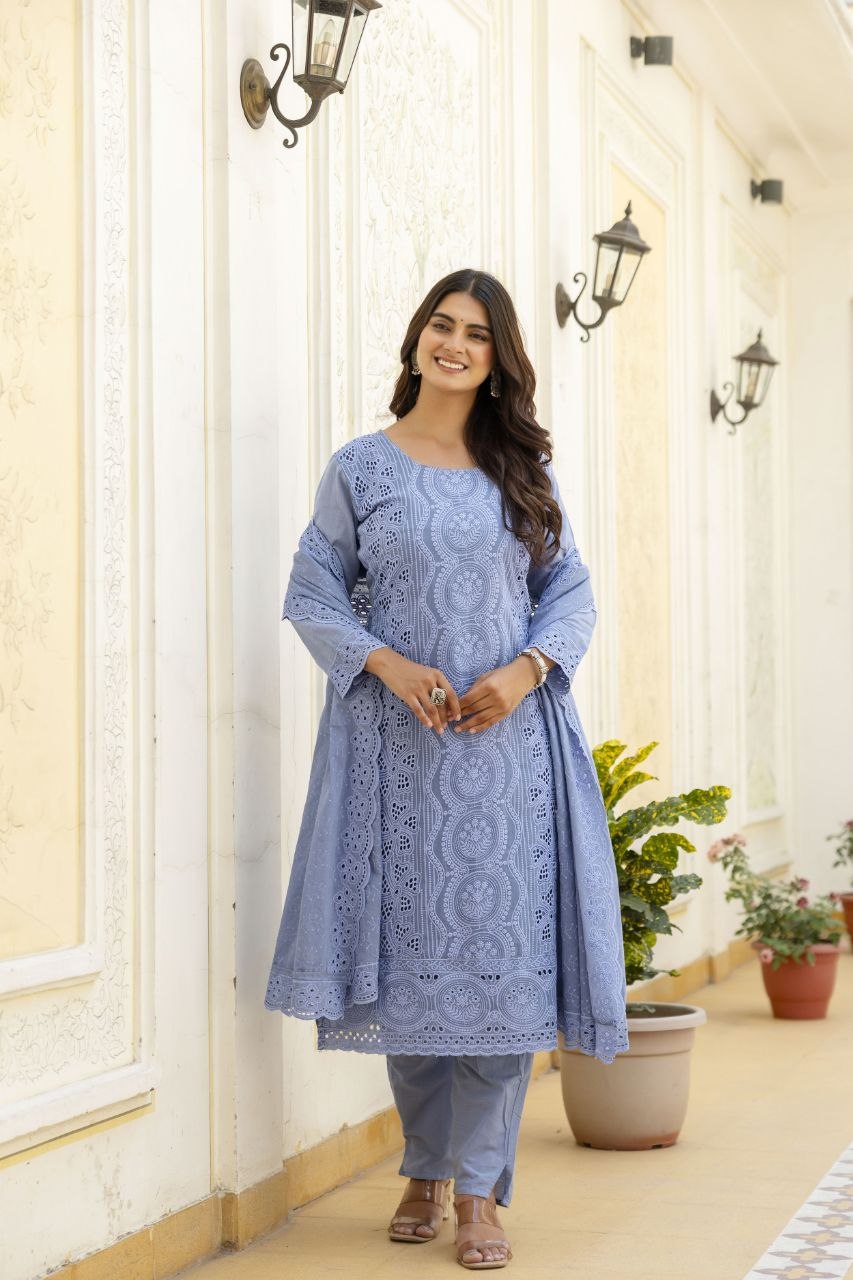 Sky Blue Cambric Cotton Boring Chikan Kari Work Kurti Set
