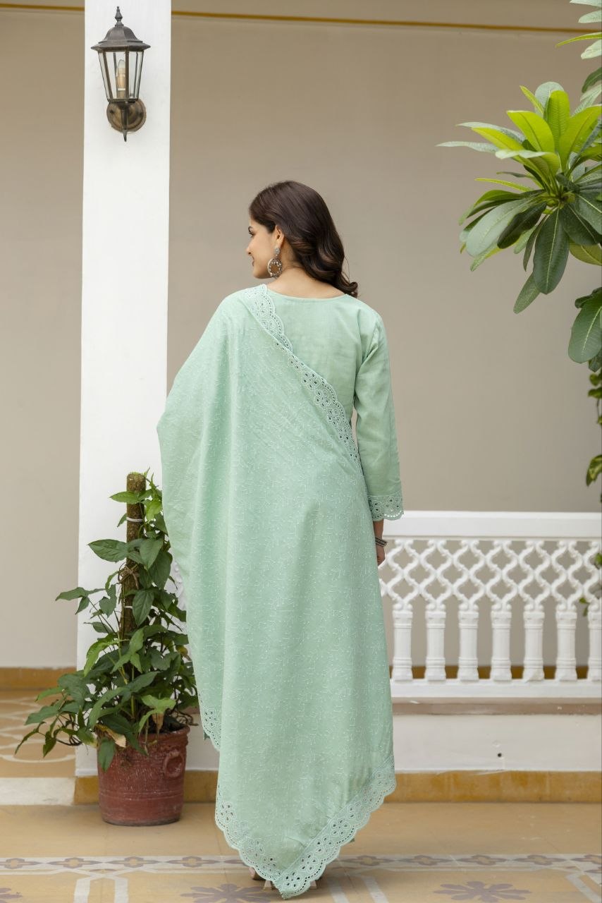 Mint Green Cambric Cotton Boring Chikan Kari Work Kurti Set