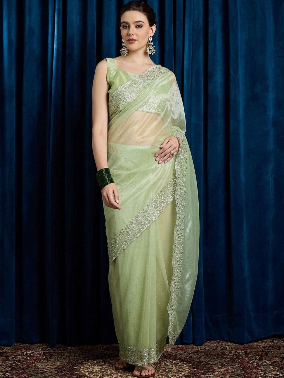 Leaf green hotfix cutwork net saree with beads and stones – designer party wear saree 2025