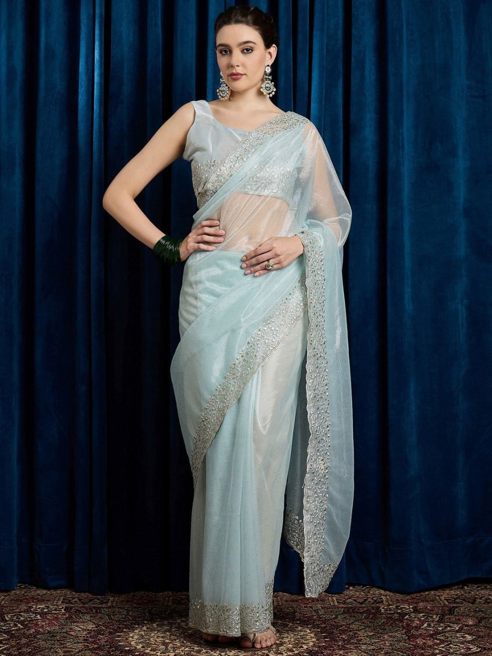 Sky blue cutwork net saree with beads and stones – trendy designer party wear 2025 saree for women