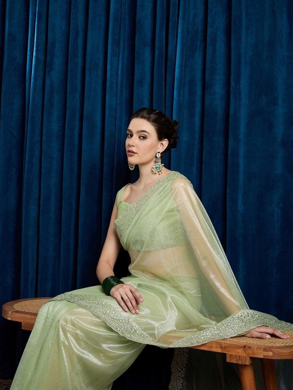 Leaf green hotfix cutwork net saree with beads and stones – designer party wear saree 2025