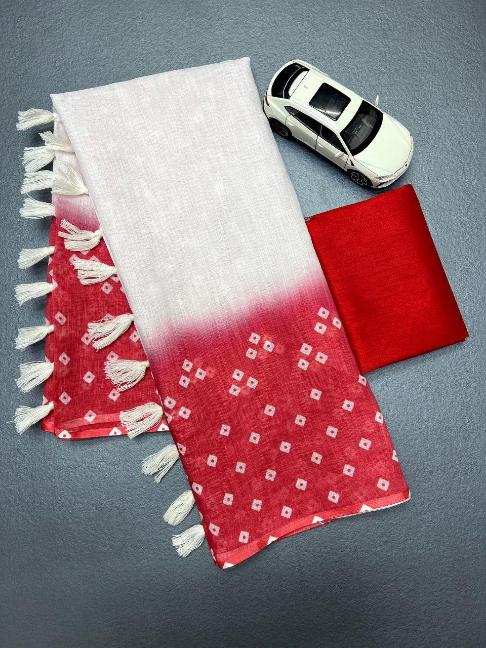 Red Plain Linen Digital Printed Saree