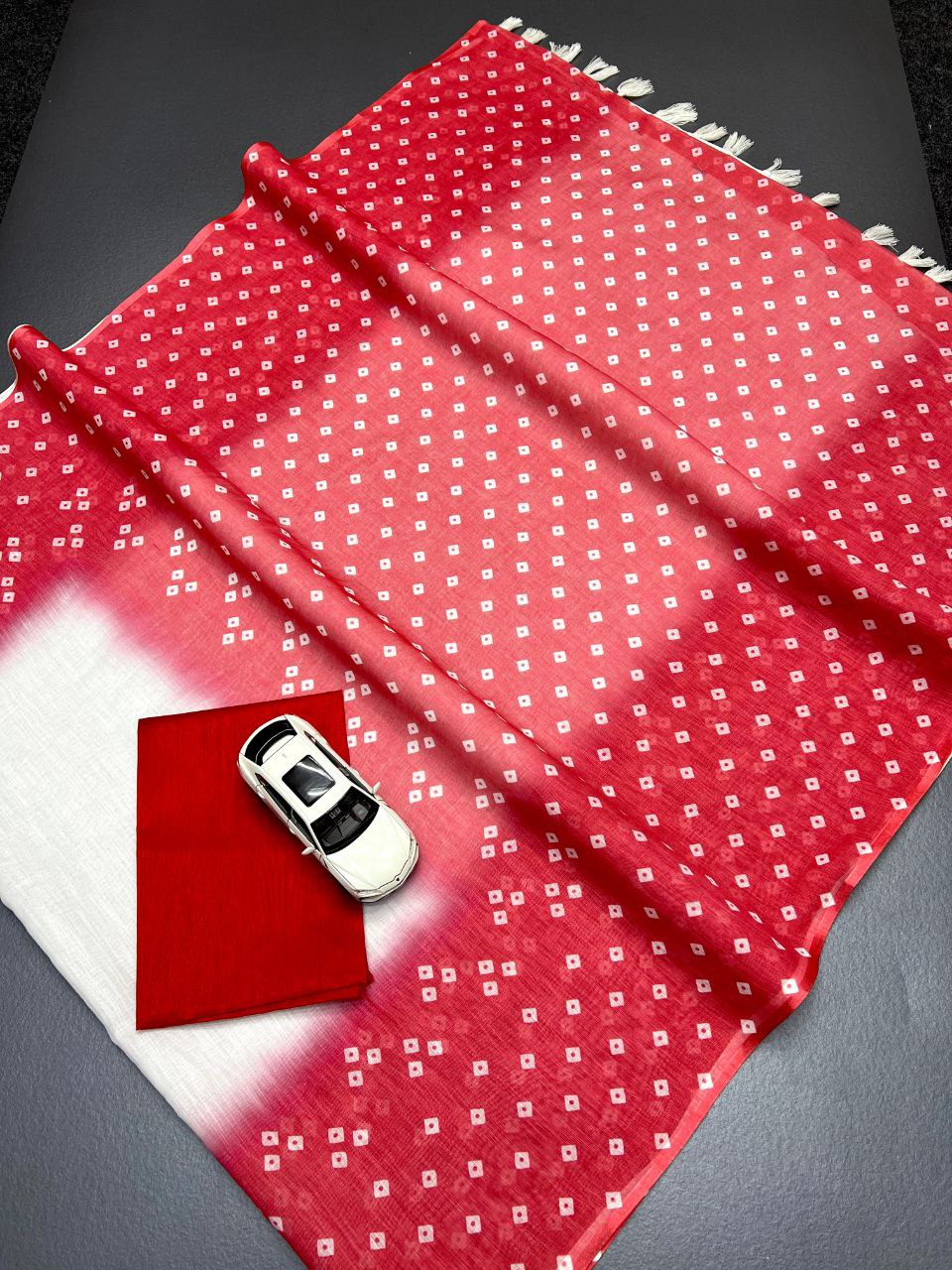 Red Plain Linen Digital Printed Saree