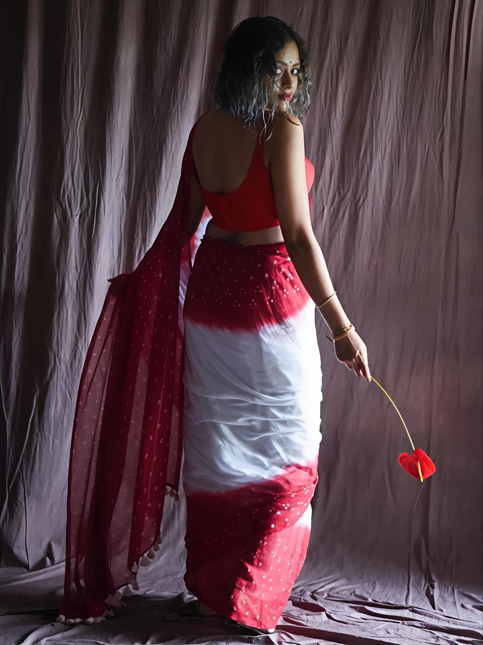 Red Plain Linen Digital Printed Saree