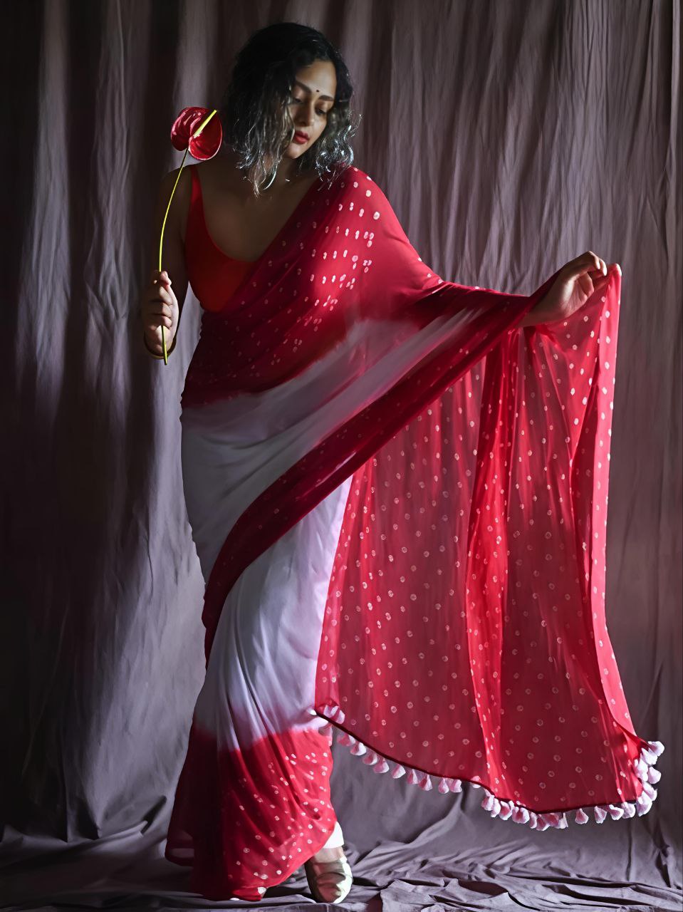 Red Plain Linen Digital Printed Saree