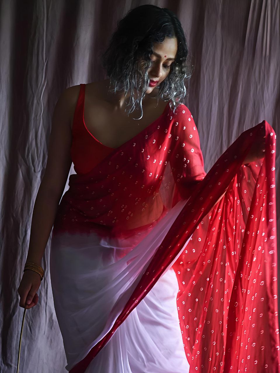 Red Plain Linen Digital Printed Saree