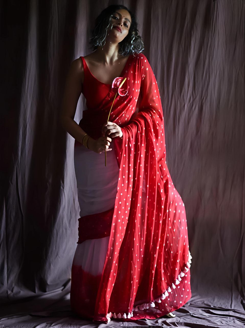 Red Plain Linen Digital Printed Saree