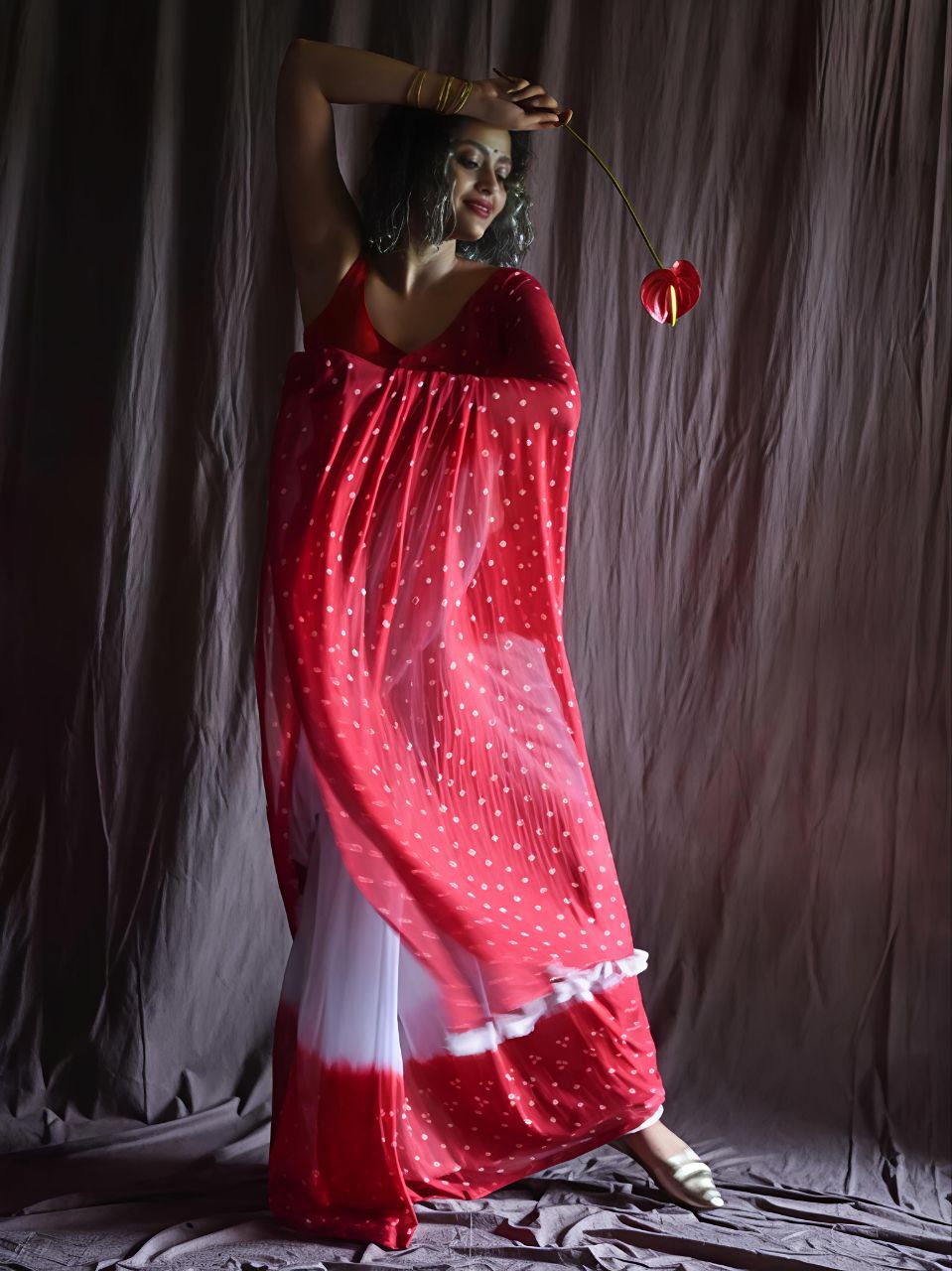 Red Plain Linen Digital Printed Saree