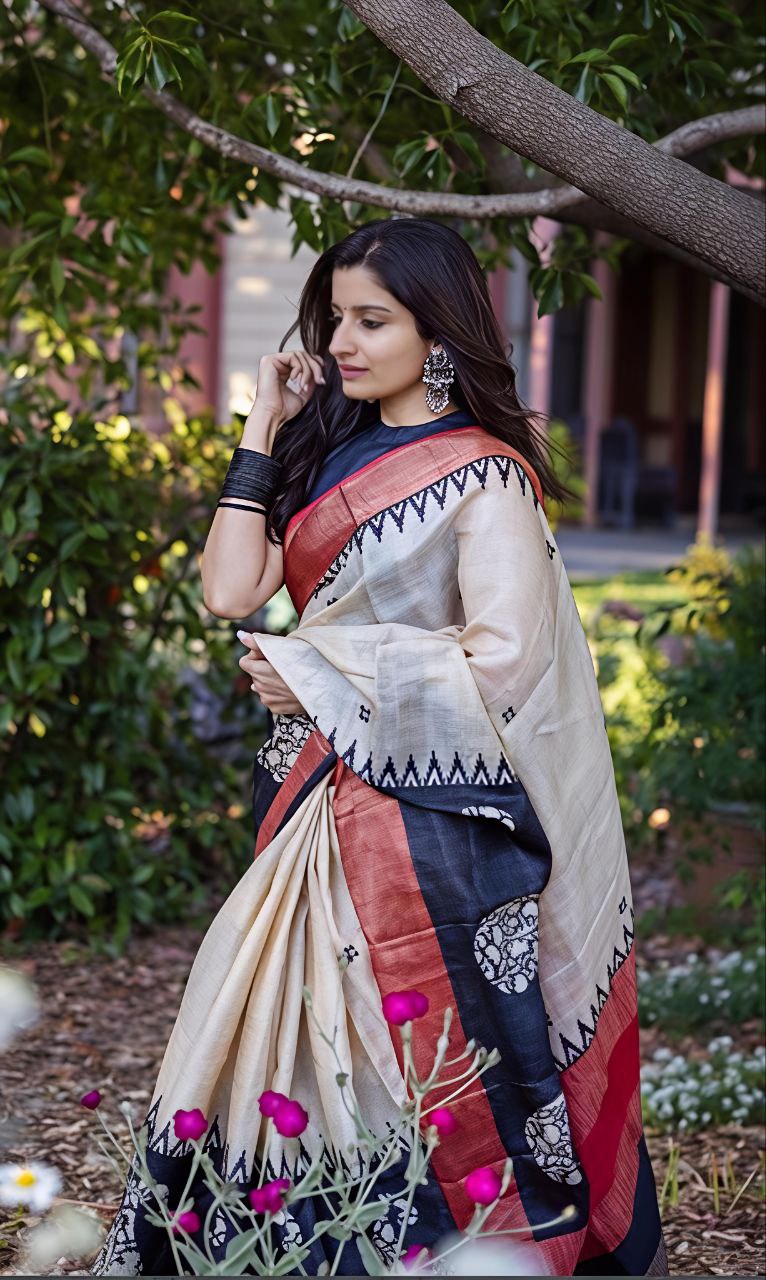 White Linen With Gold Zari Digital Printed Saree