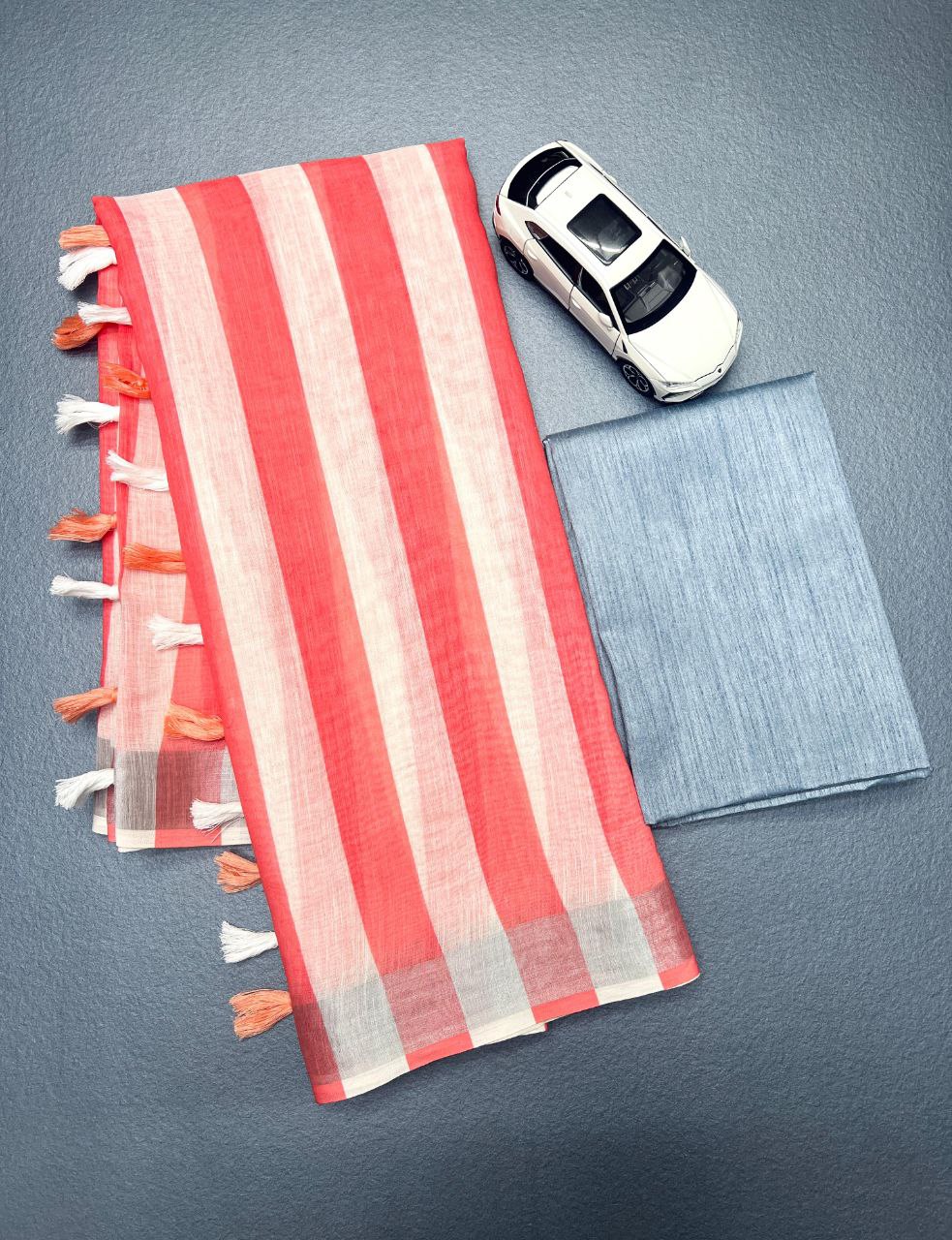 Light Pink Linen With Zari Border Digital Printed Saree