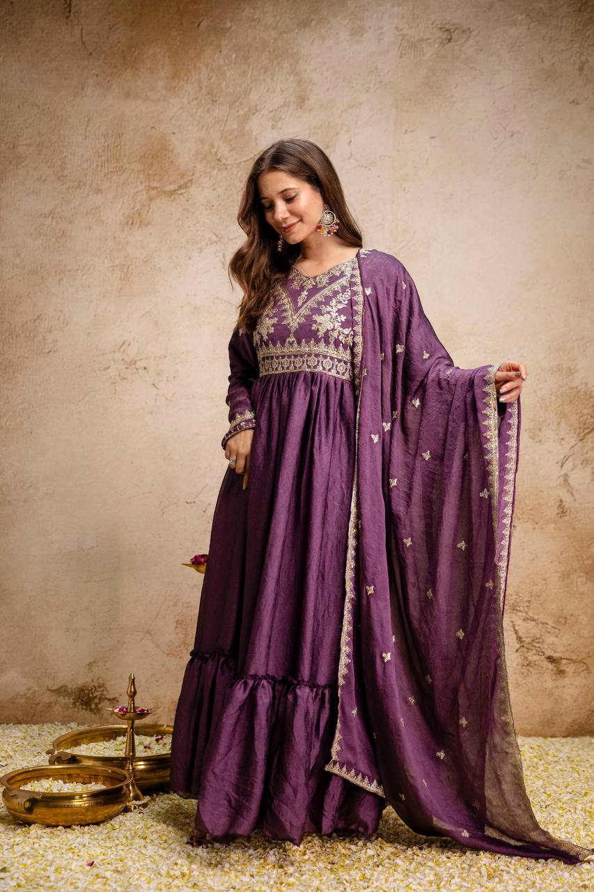 Maroon Rangoli Crush Heavy Embroidery and sequence Work Kurti Set