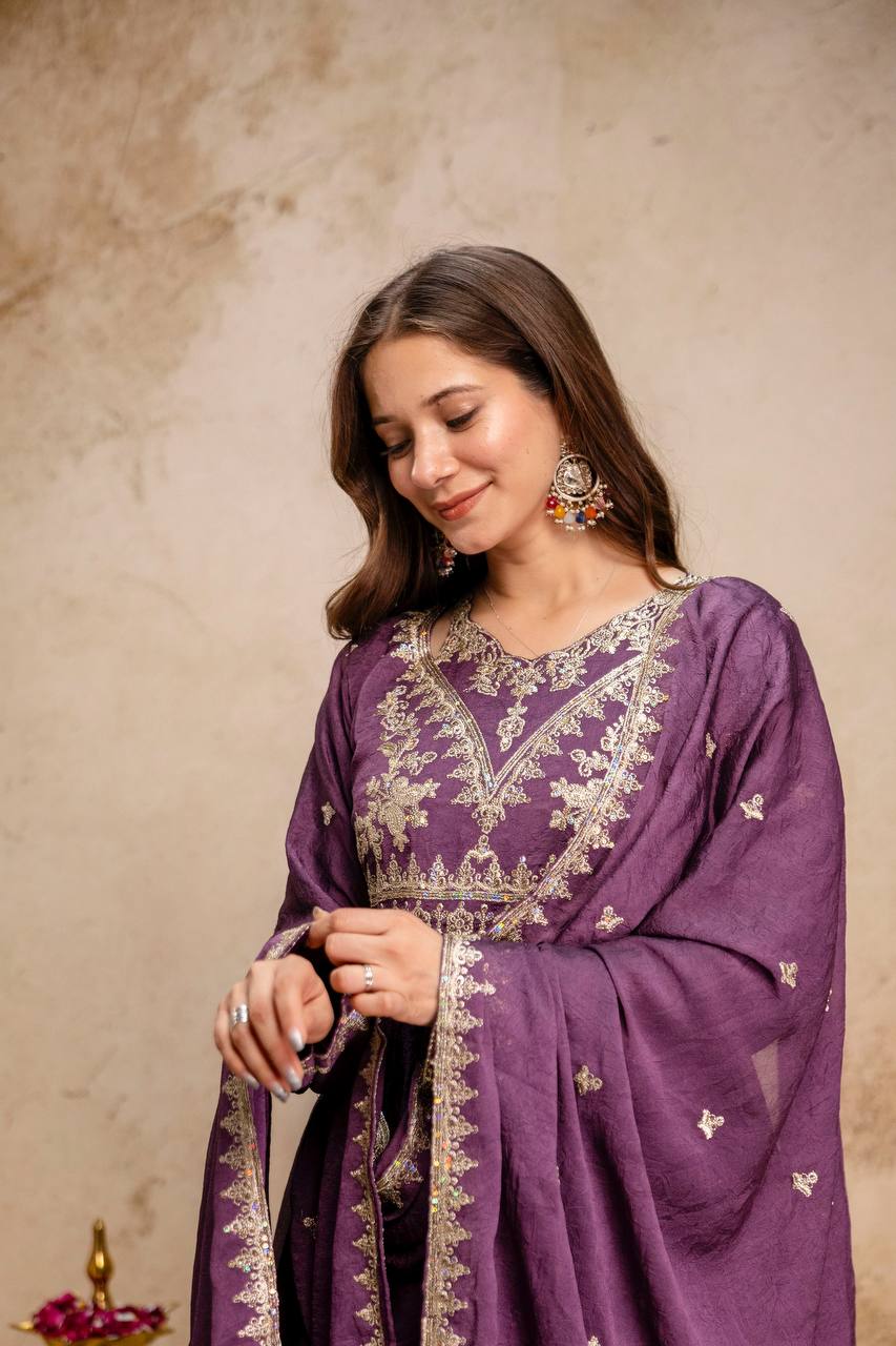 Maroon Rangoli Crush Heavy Embroidery and sequence Work Kurti Set