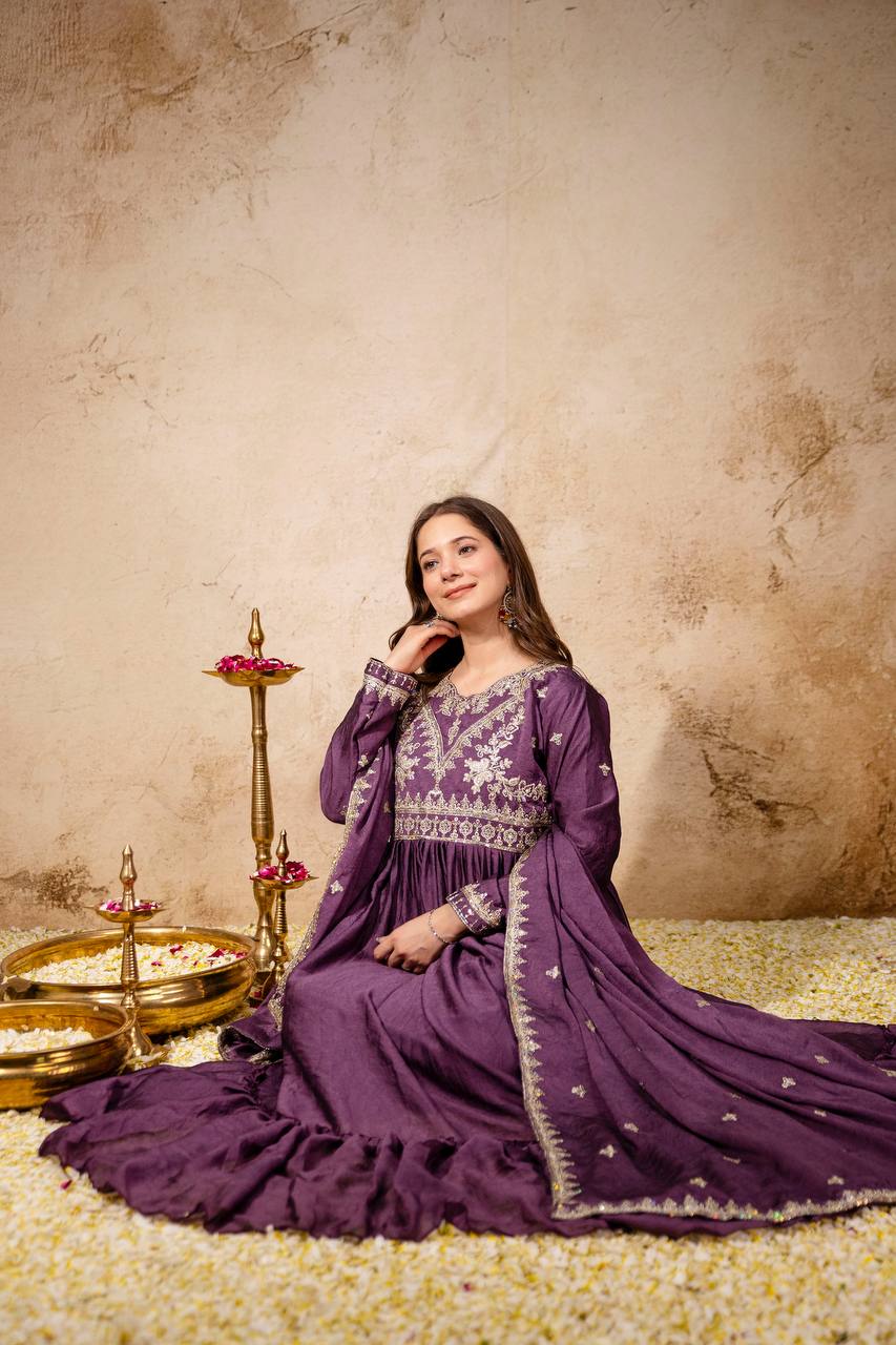 Maroon Rangoli Crush Heavy Embroidery and sequence Work Kurti Set