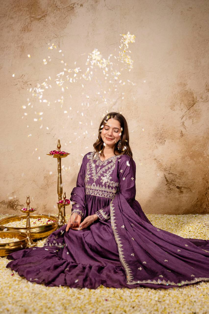 Maroon Rangoli Crush Heavy Embroidery and sequence Work Kurti Set