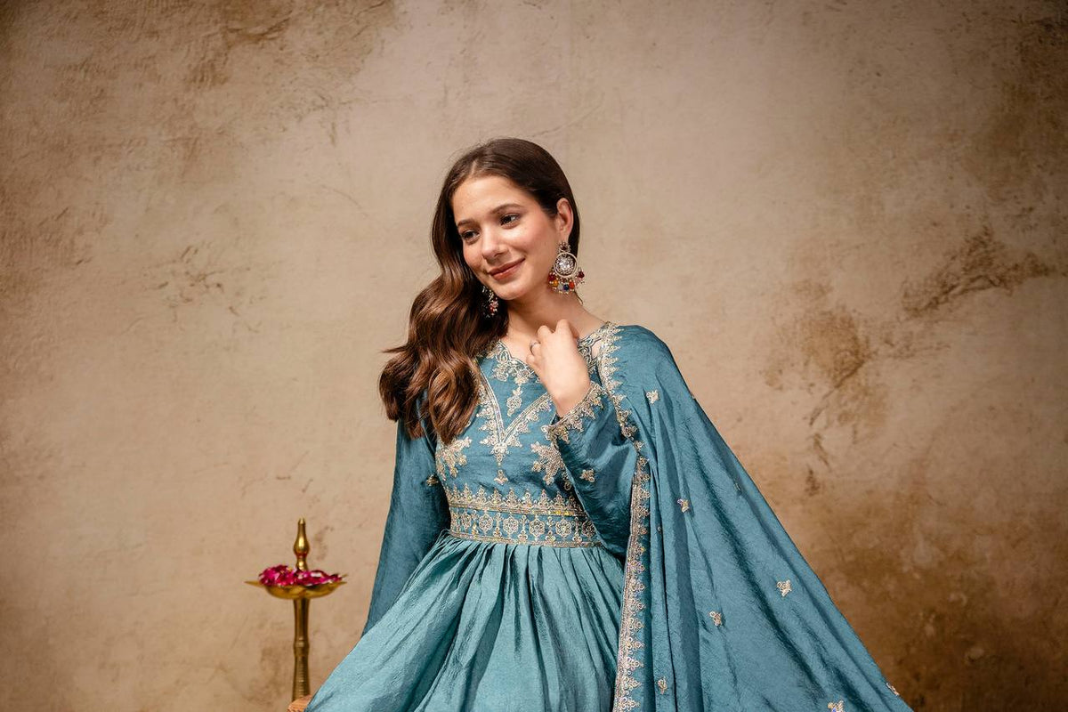 Blue Rangoli Crush Heavy Embroidery and sequence Work Kurti Set