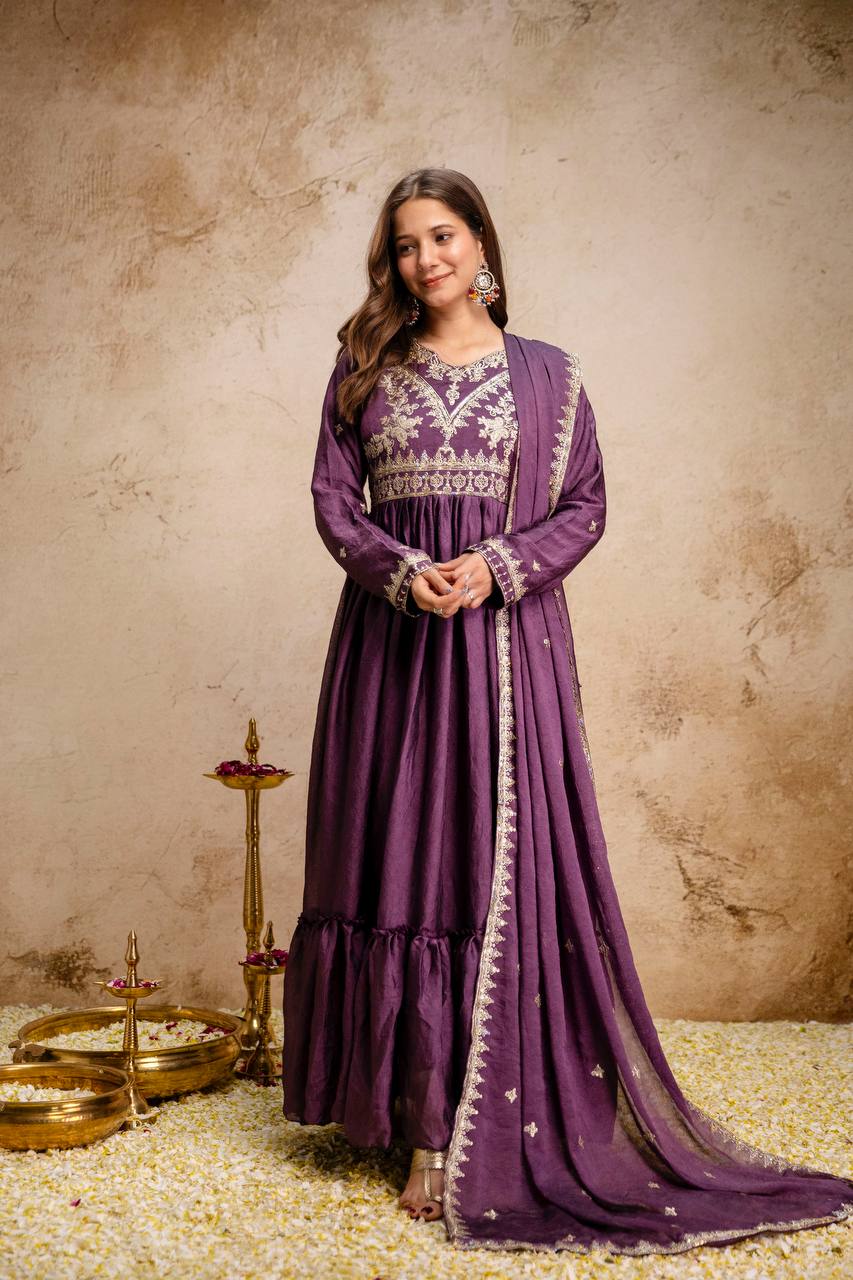 Maroon Rangoli Crush Heavy Embroidery and sequence Work Kurti Set
