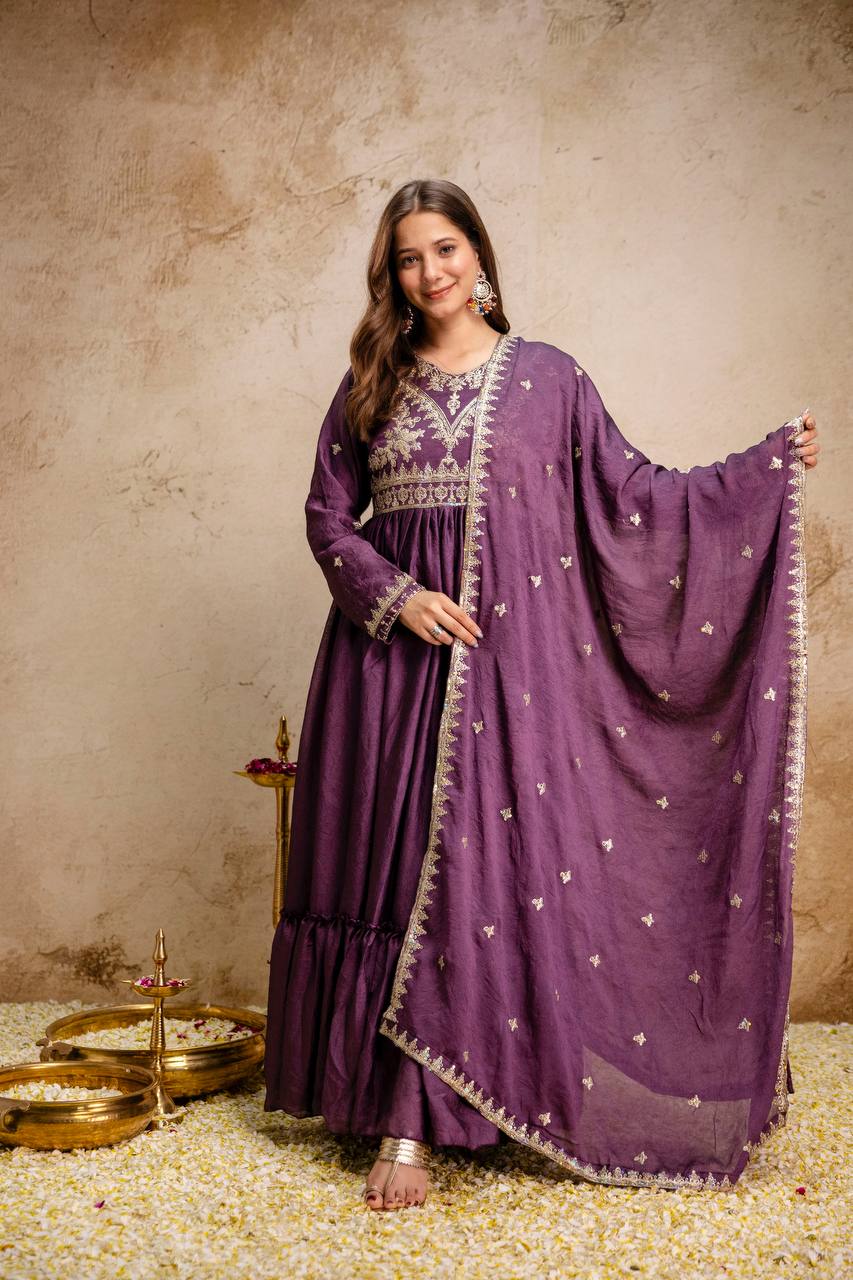 Maroon Rangoli Crush Heavy Embroidery and sequence Work Kurti Set