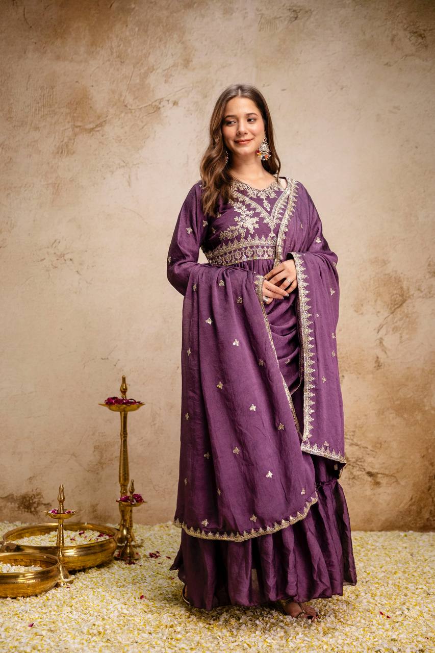 Maroon Rangoli Crush Heavy Embroidery and sequence Work Kurti Set