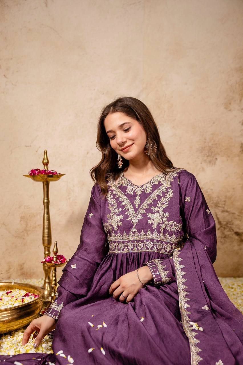 Maroon Rangoli Crush Heavy Embroidery and sequence Work Kurti Set