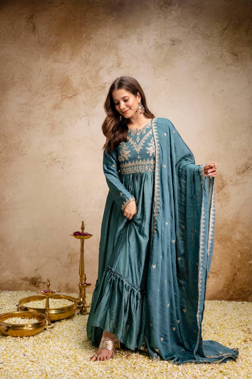 Blue Rangoli Crush Heavy Embroidery and sequence Work Kurti Set