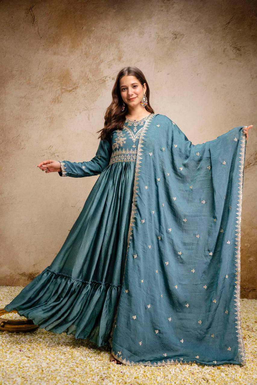 Blue Rangoli Crush Heavy Embroidery and sequence Work Kurti Set