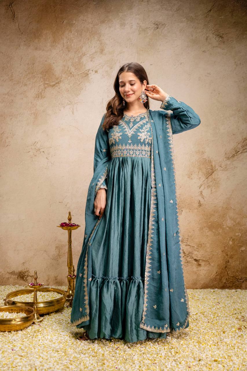 Blue Rangoli Crush Heavy Embroidery and sequence Work Kurti Set