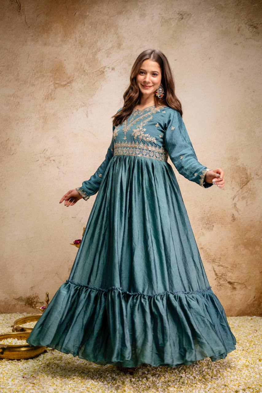 Blue Rangoli Crush Heavy Embroidery and sequence Work Kurti Set