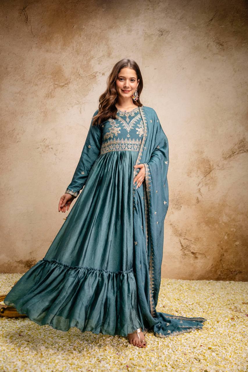 Blue Rangoli Crush Heavy Embroidery and sequence Work Kurti Set