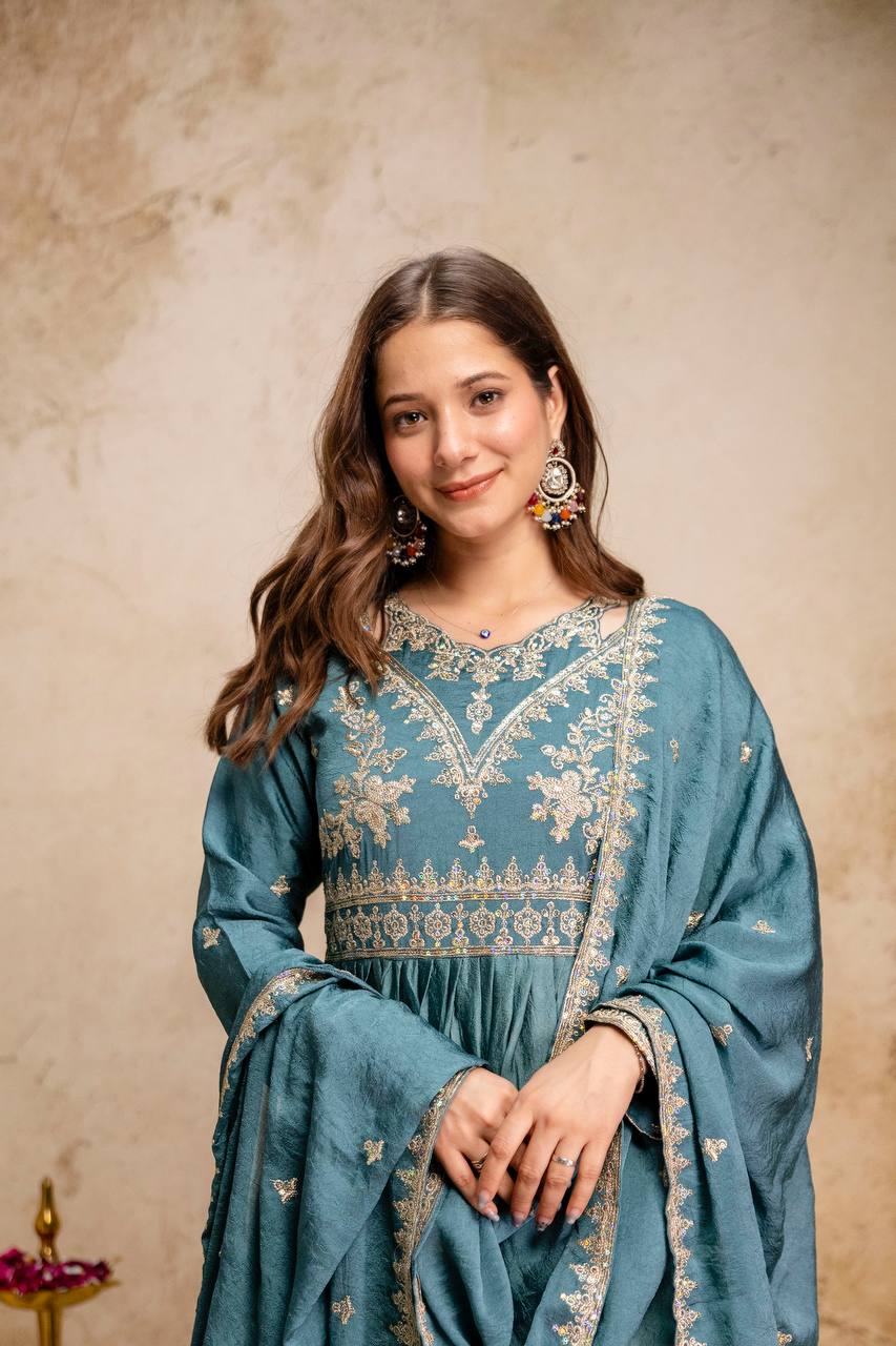 Blue Rangoli Crush Heavy Embroidery and sequence Work Kurti Set