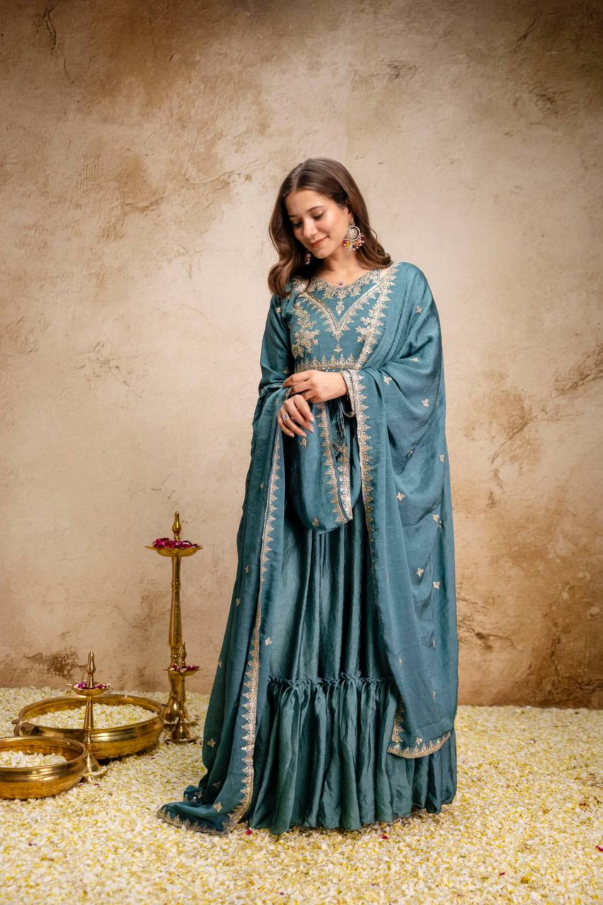 Blue Rangoli Crush Heavy Embroidery and sequence Work Kurti Set