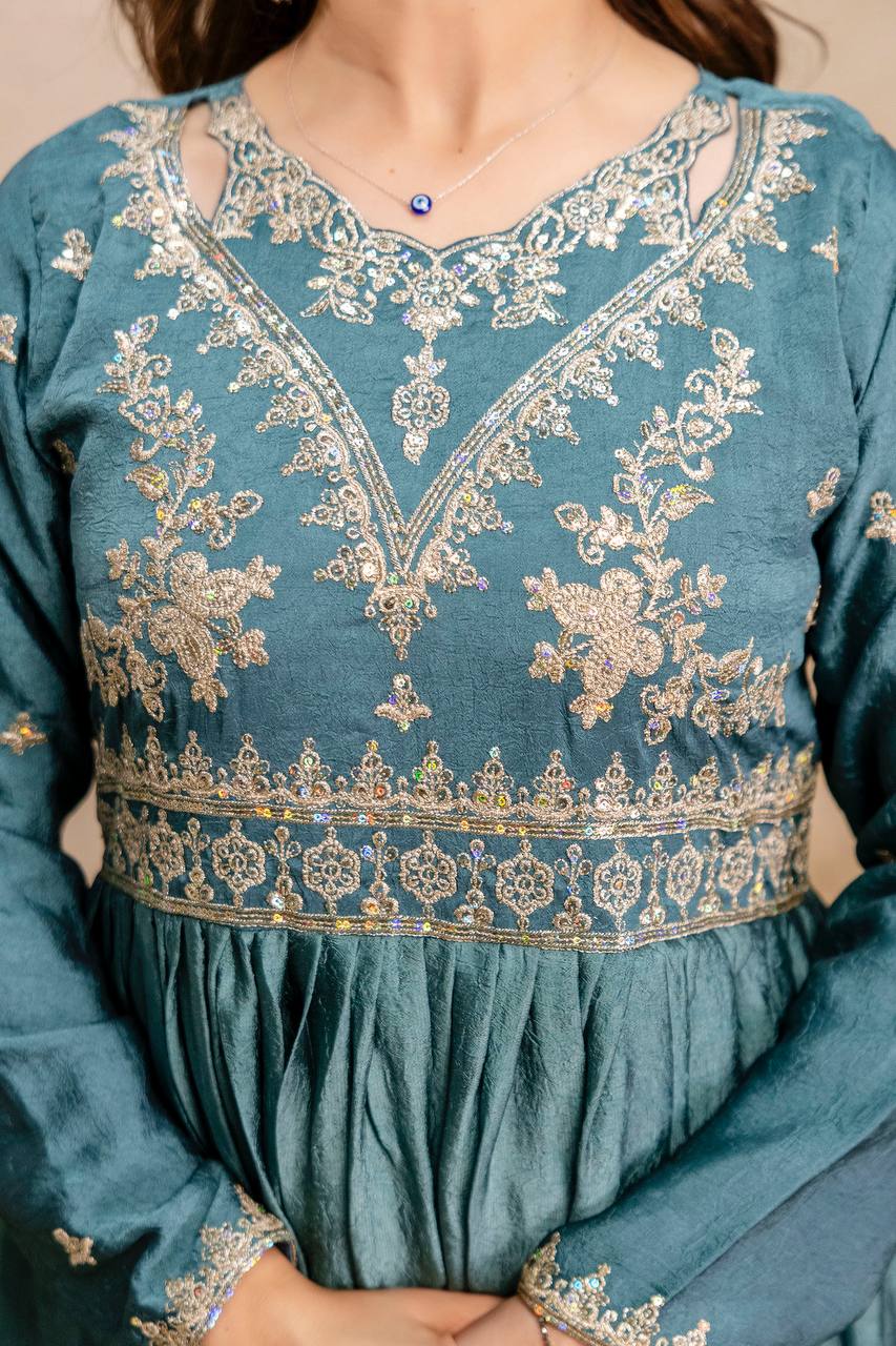 Blue Rangoli Crush Heavy Embroidery and sequence Work Kurti Set