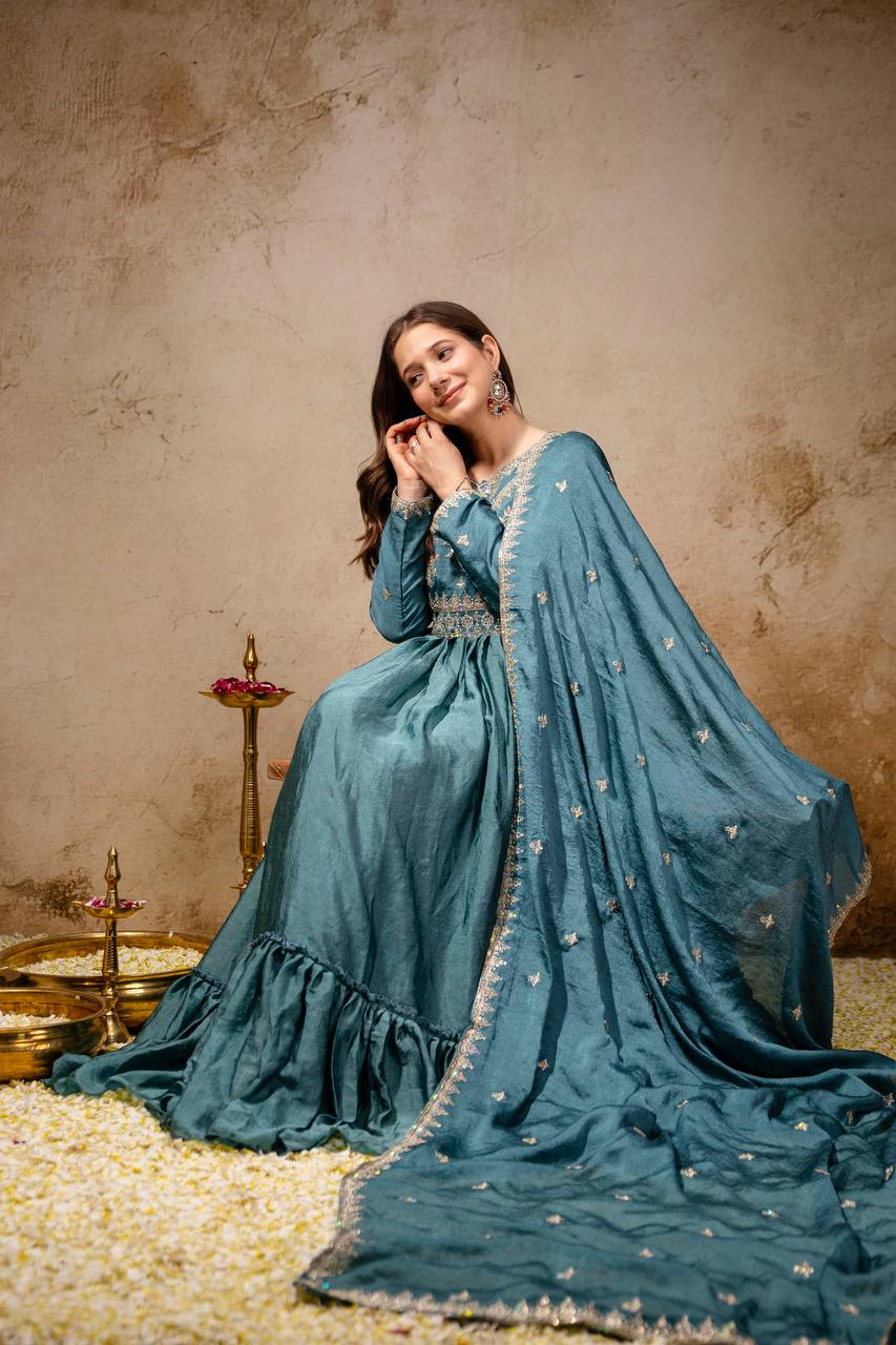 Blue Rangoli Crush Heavy Embroidery and sequence Work Kurti Set