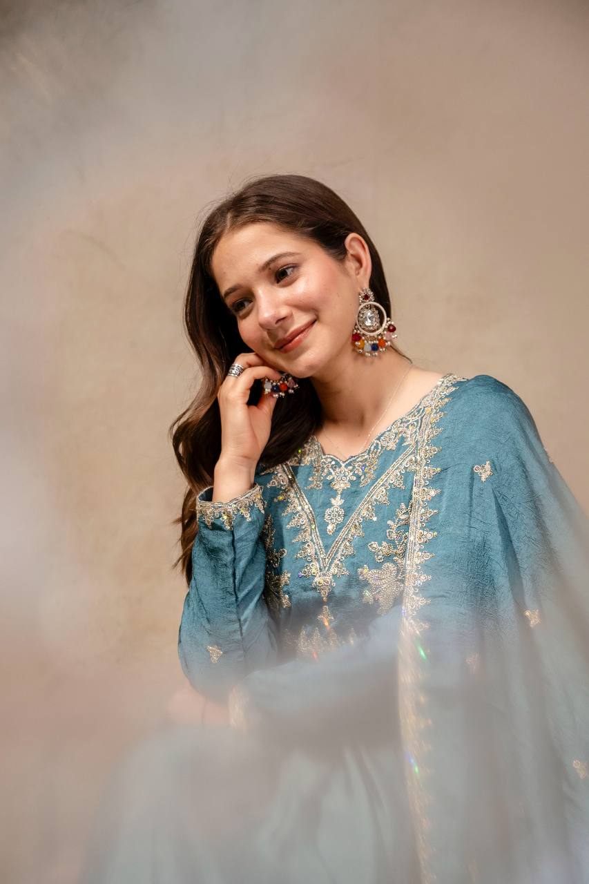 Blue Rangoli Crush Heavy Embroidery and sequence Work Kurti Set