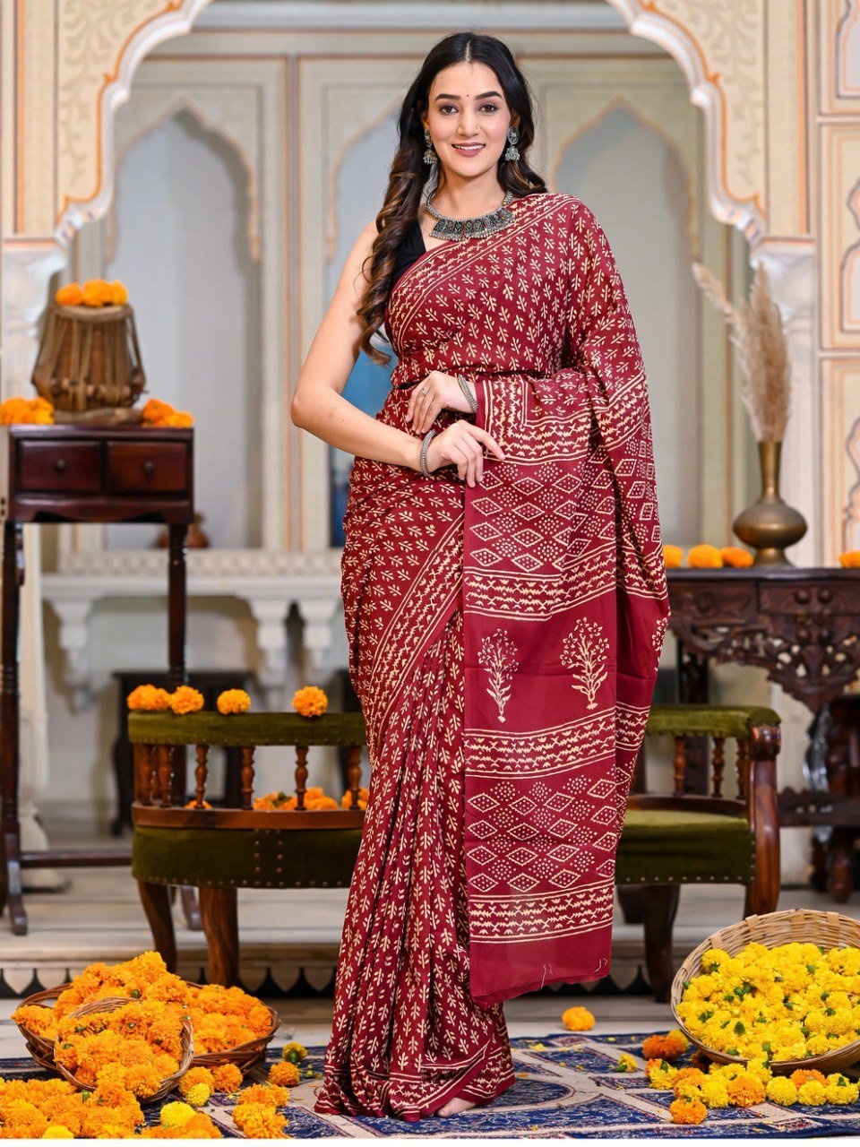 Ready to wear cotton red printed saree for women – stitched designer saree with matching blouse