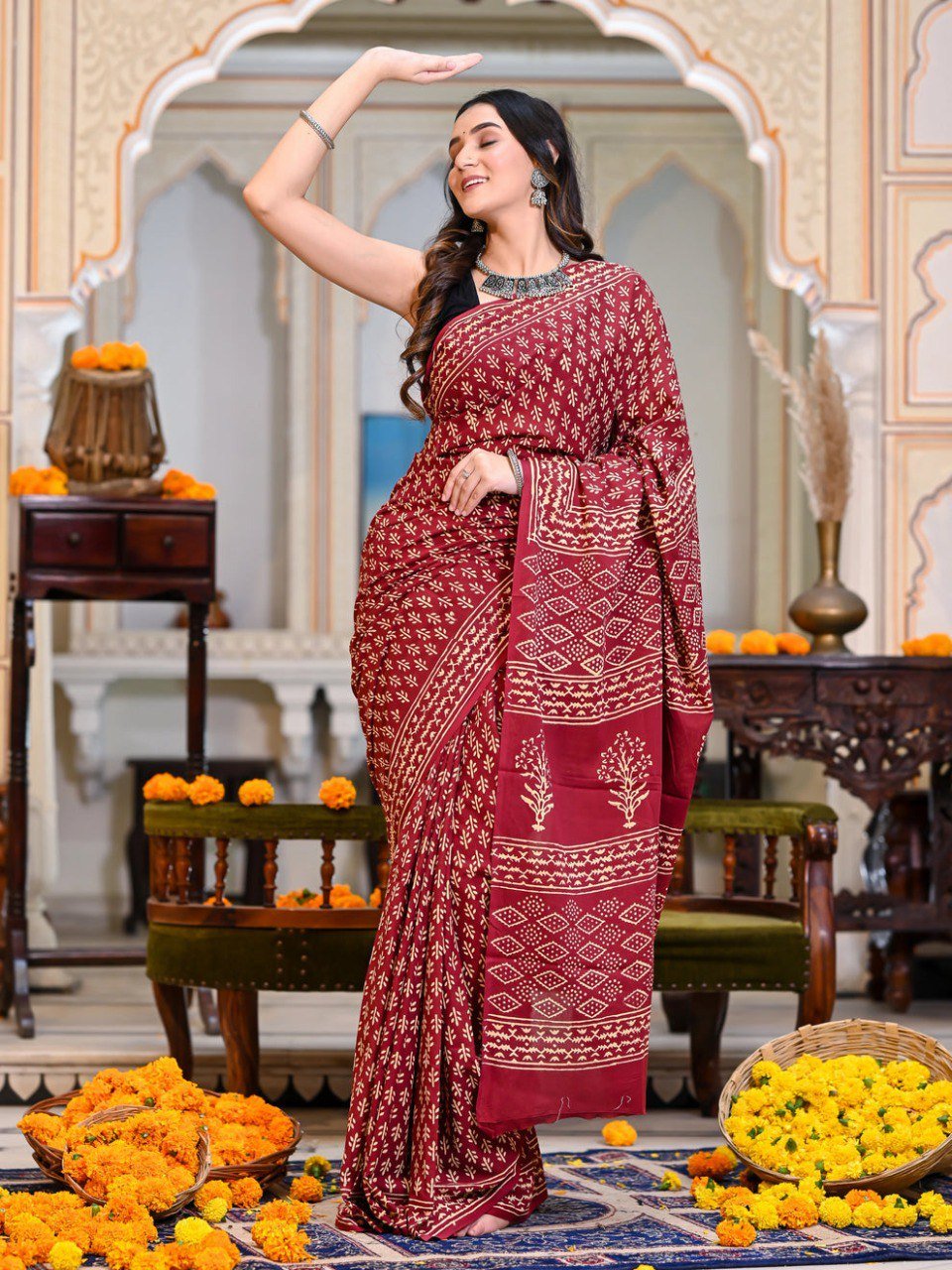 Ready to Wear Cotton Red Printed Saree for Women | Stitched Designer Saree Online