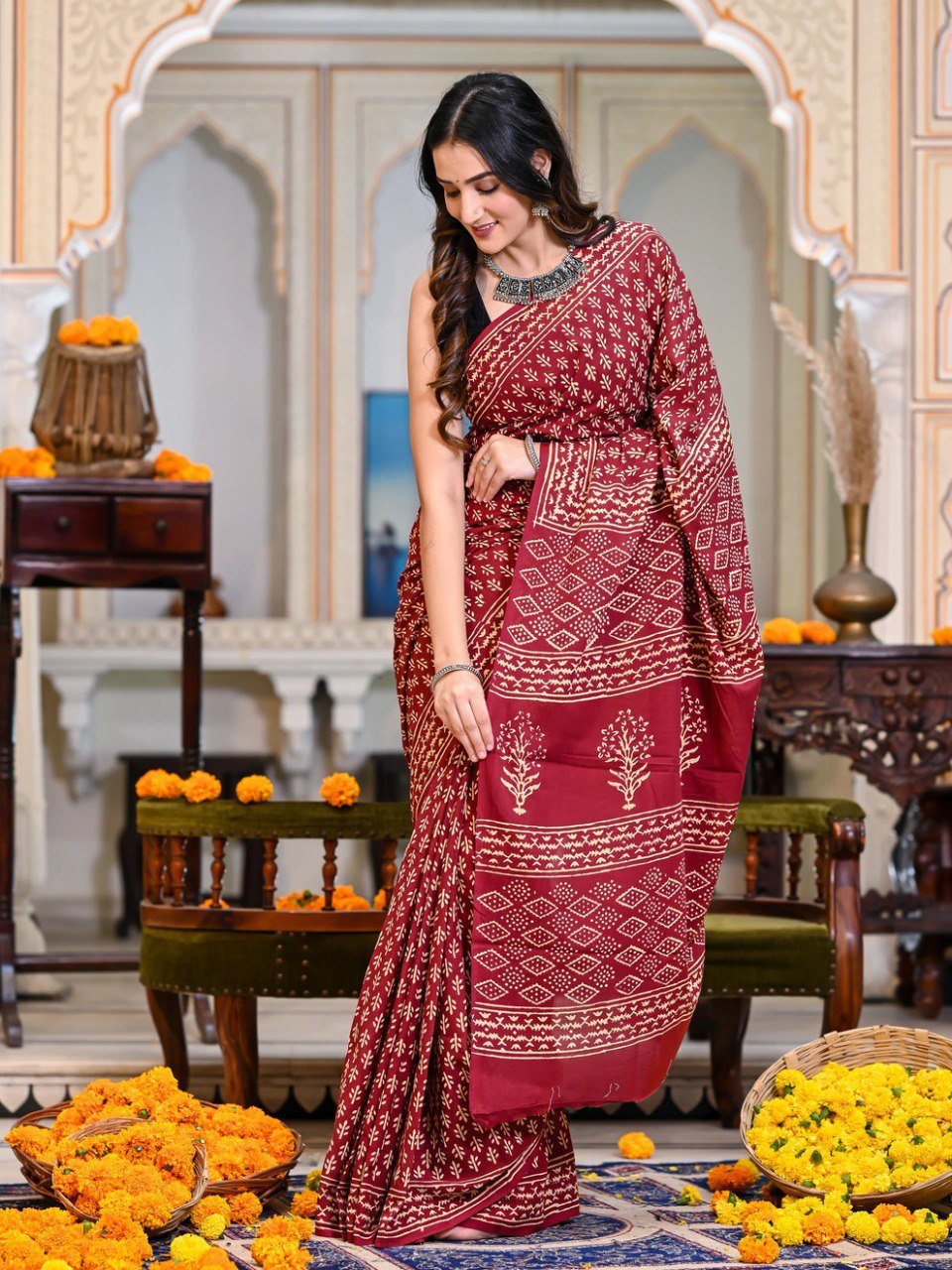 Ready to Wear Cotton Red Printed Saree for Women | Stitched Designer Saree Online
