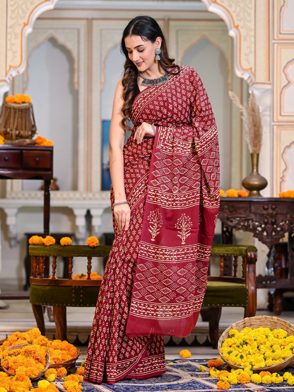 Ready to Wear Cotton Red Printed Saree for Women | Stitched Designer Saree Online