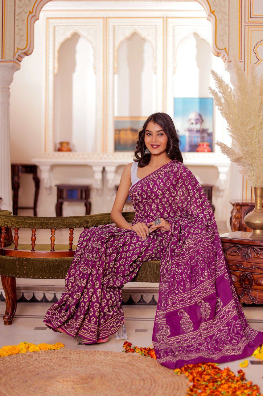 Ready to wear dark purple cotton saree with bold printed motifs – stitched designer saree for women
