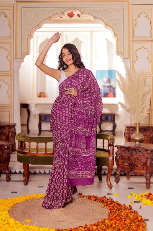 Matching blouse piece of dark purple printed cotton saree – ready to wear set for women