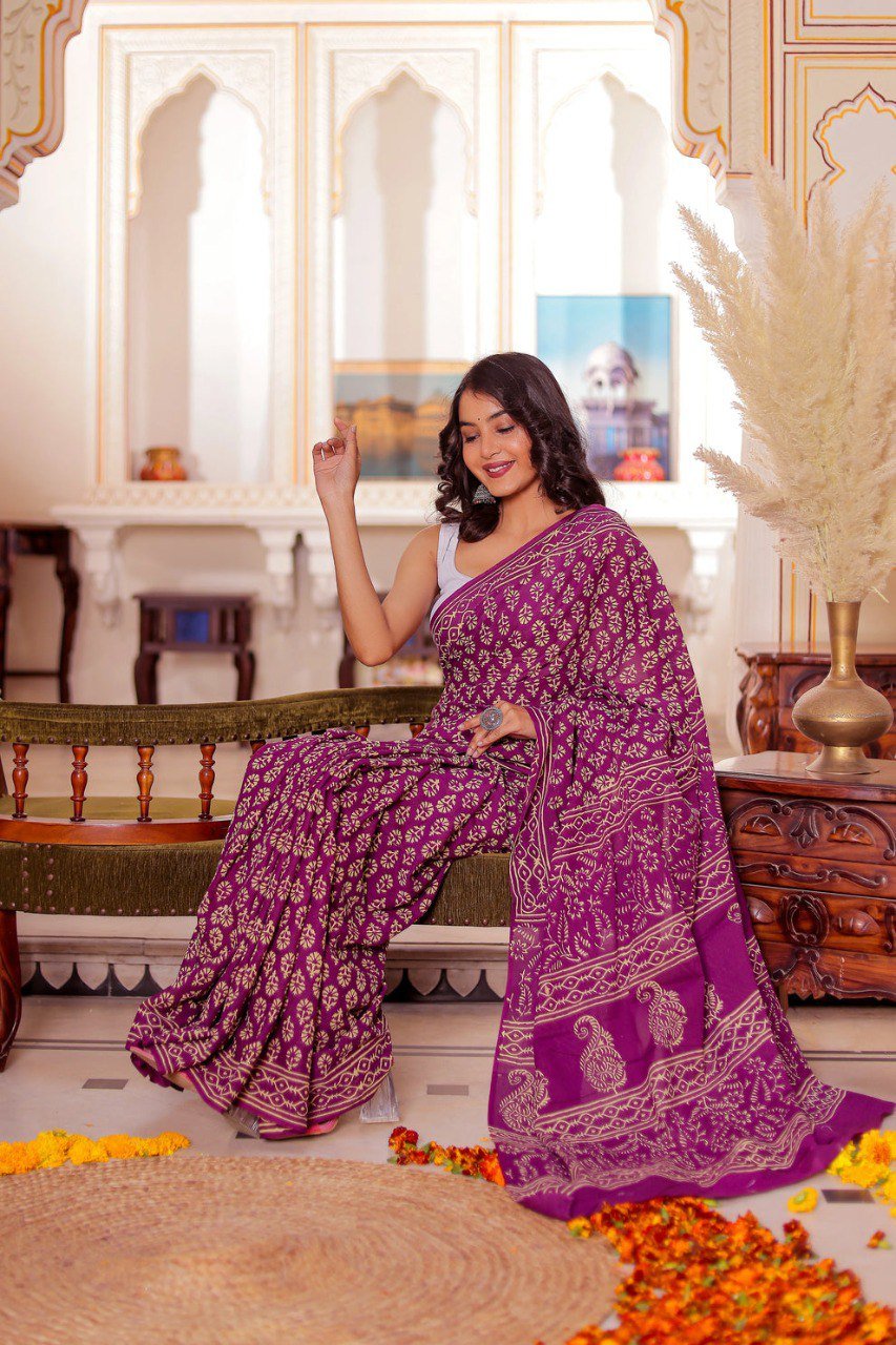 Matching blouse piece of dark purple printed cotton saree – ready to wear set for women