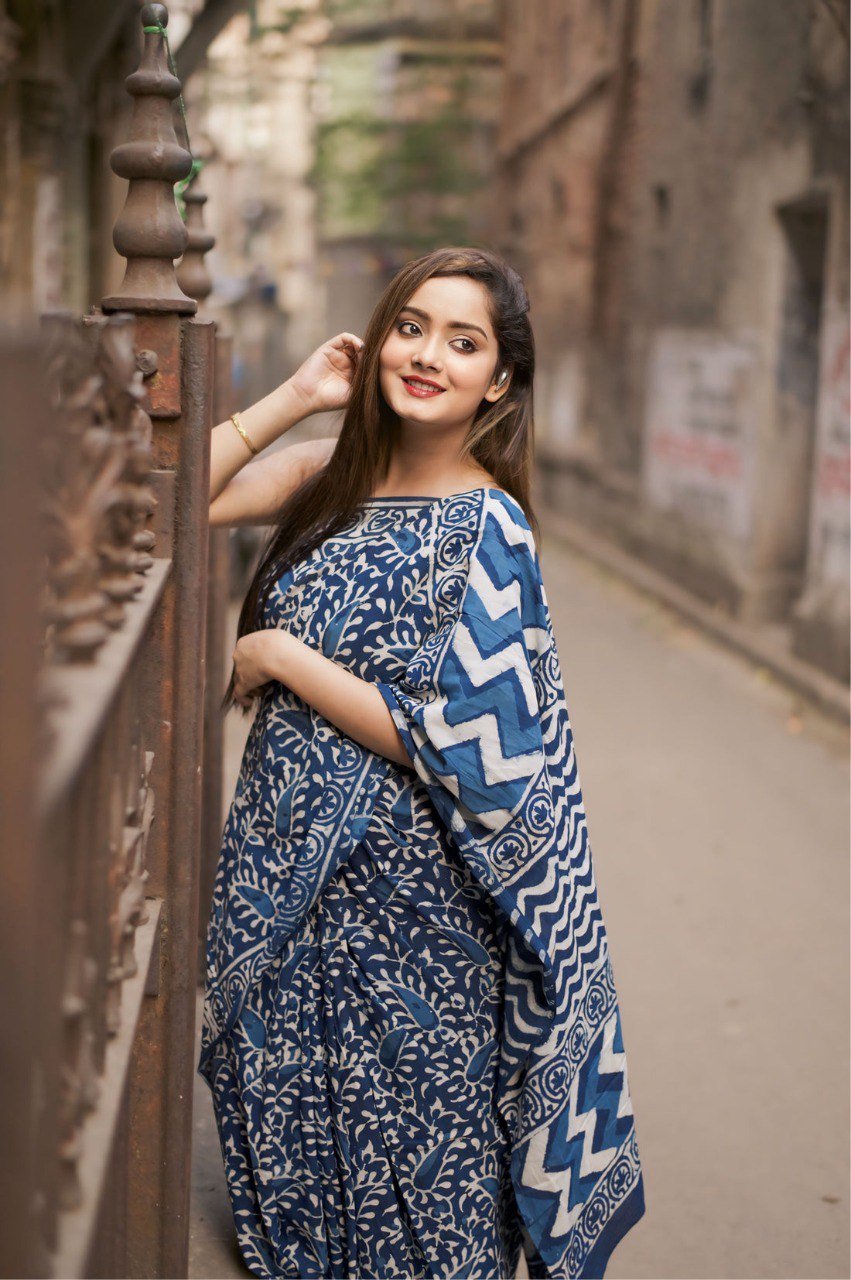 Cotton Blue Printed Saree - Ready To Wear Designer Saree Online