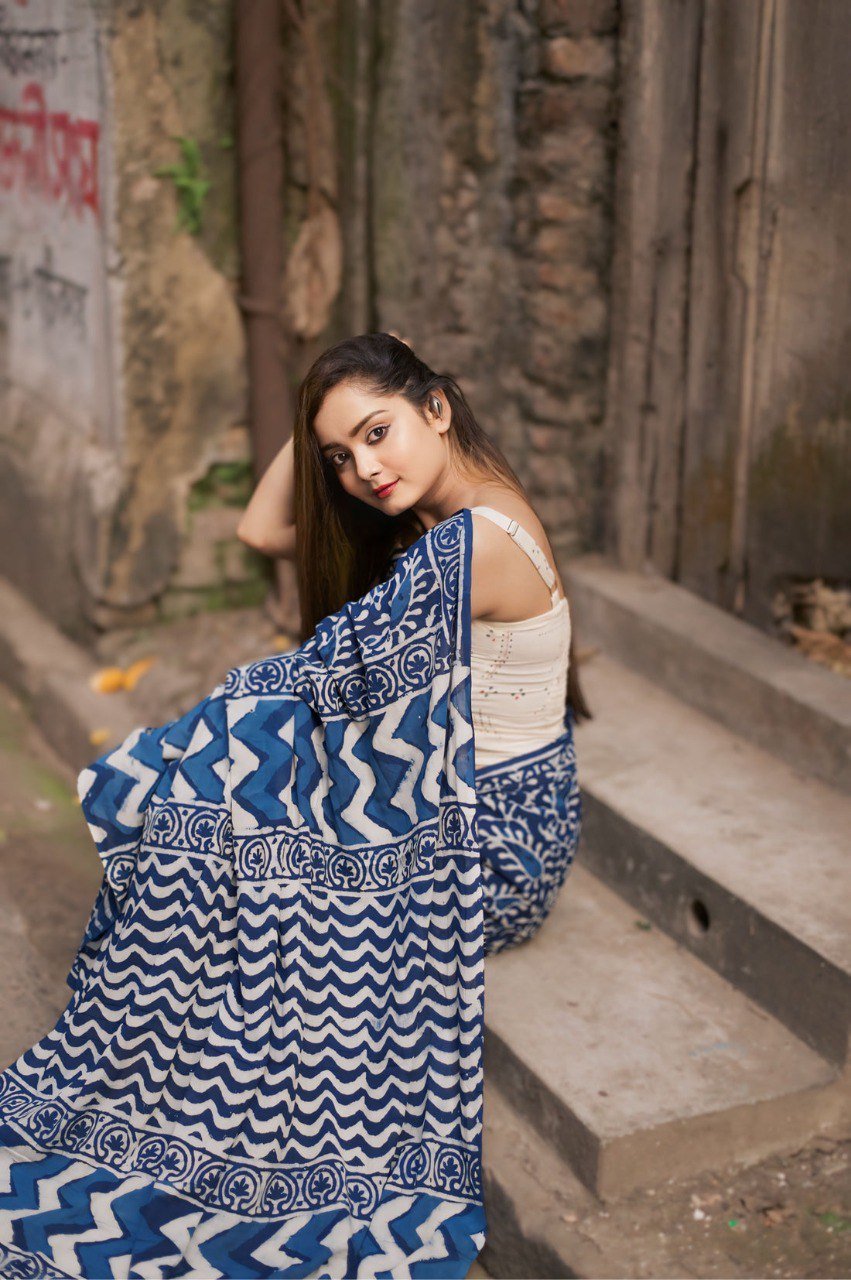 Cotton Blue Printed Saree - Ready To Wear Designer Saree Online